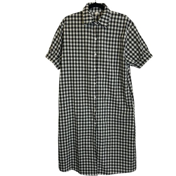 Linen Blend Black White Gingham Shirt Dress Sz S Midi Short Sleeve Sustainable - Picture 2 of 6